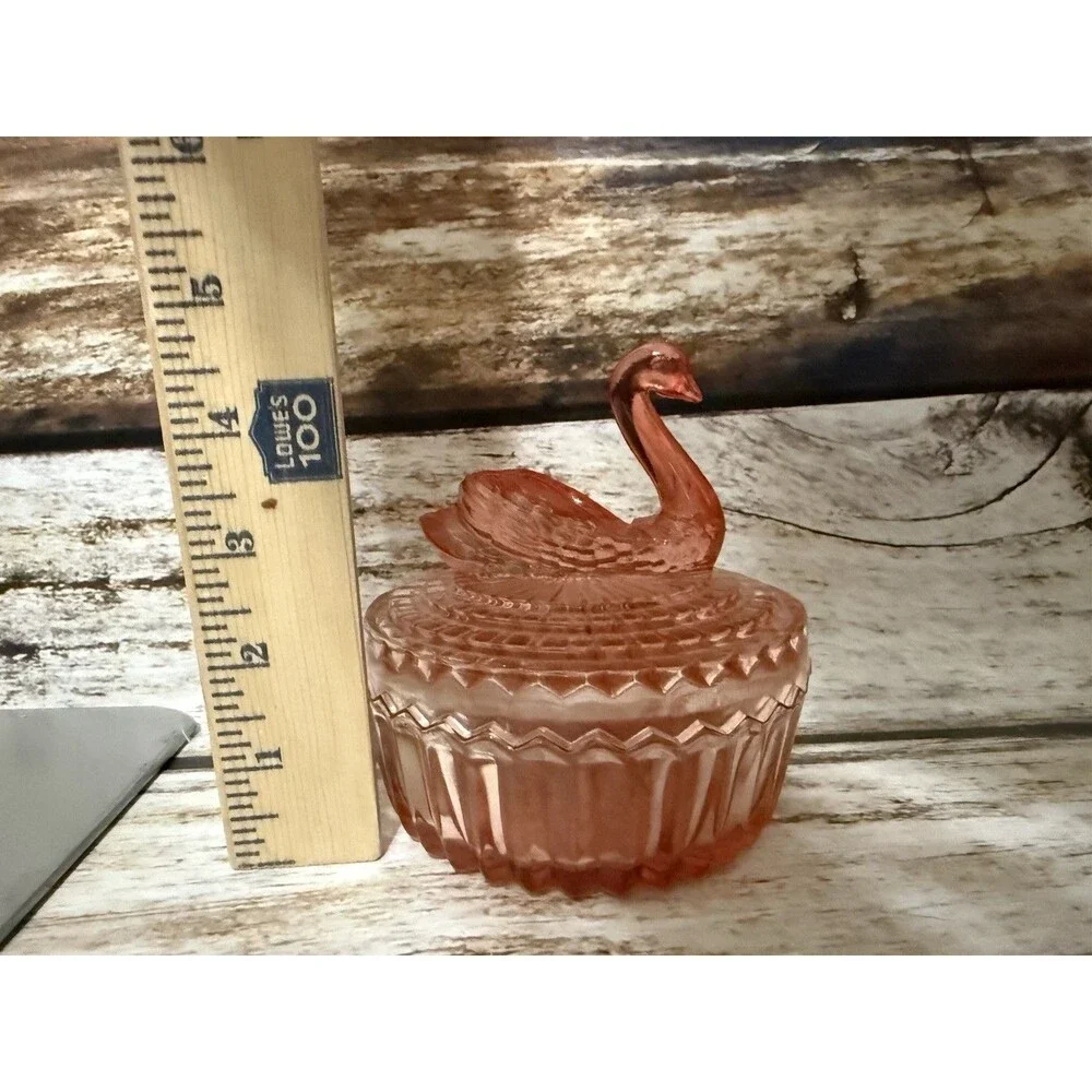 Vintage Jeanette Amberina Glass Powder Dish w/Swan Lipstick Holder Lid